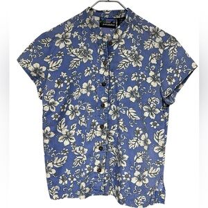Pataloha cotton blue grey tropical floral button down short sleeve shirt Hawaii